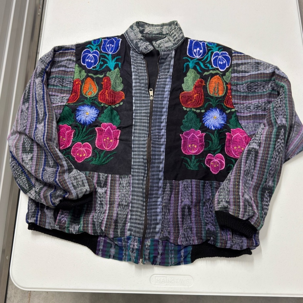 Unbranded Woven Embroidered Jacket Womens L Multi Good Boho Full Zip Bomber